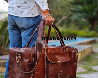 Handmade Personalized Leather Duffle Bag: Brown/Black Travel Weekender