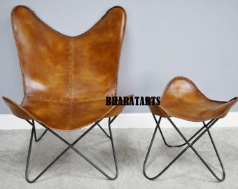 50% off Leather Butterfly Chair With Foot Stool, Leather Living Room Chairs, Tan Leather Lounge Relax Arm Chair