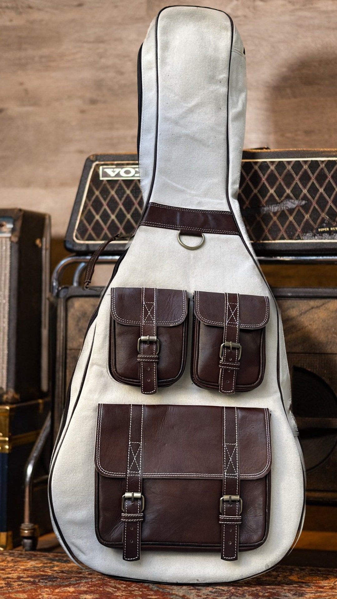Canvas Guitar Bag Gig Bag Leather and Canvas Bag Brown Leather Etsy