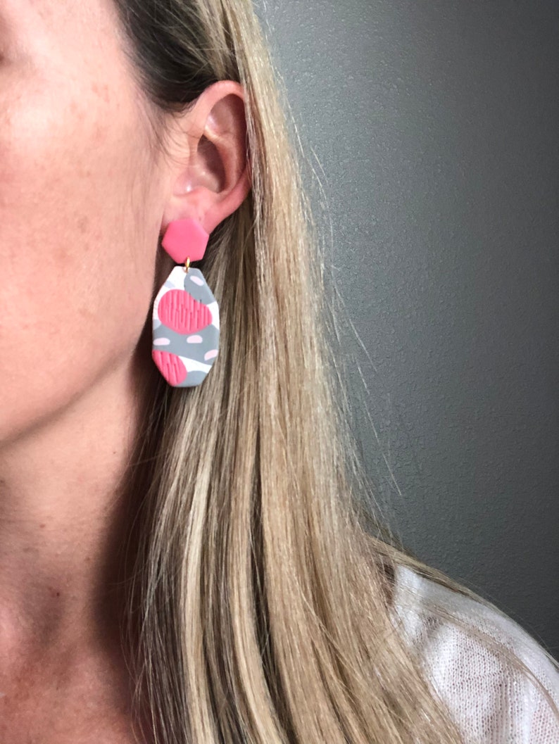Handmade Lightweight Polymer Clay Earrings Pink and Gray Statement Earrings Spring Statement Earrings Summer Statement Earrings