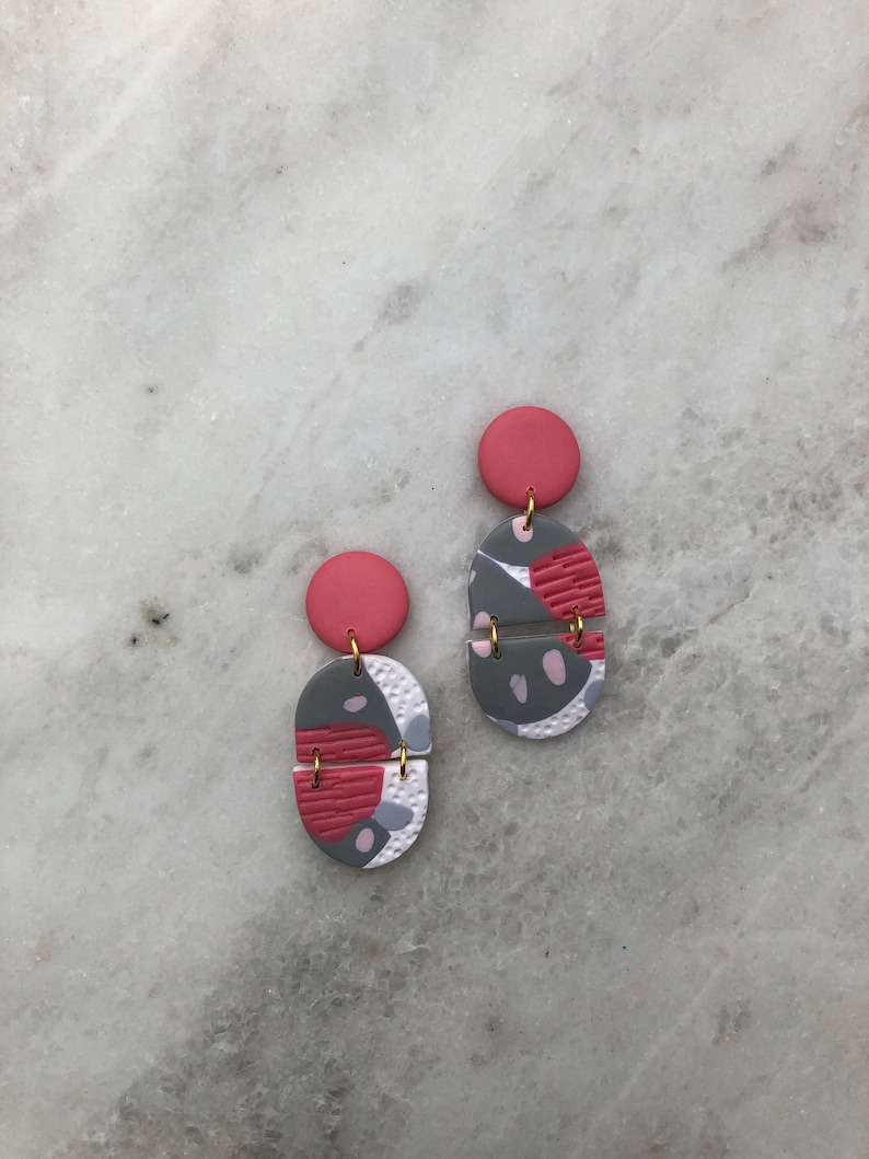 Handmade Lightweight Polymer Clay Earrings Pink and Gray Statement Earrings Spring Statement Earrings Summer Statement Earrings