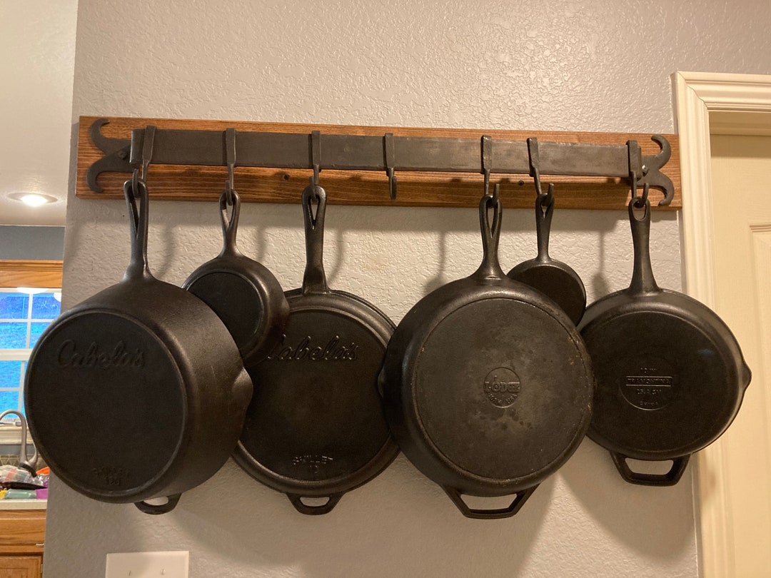 Handcrafted Solid Wood Wall Pot & Pan Rack Vintage Style Skillet