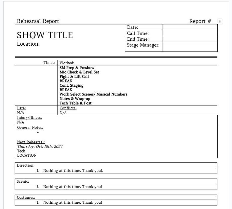 Stage Manager's Rehearsal Report Template Etsy
