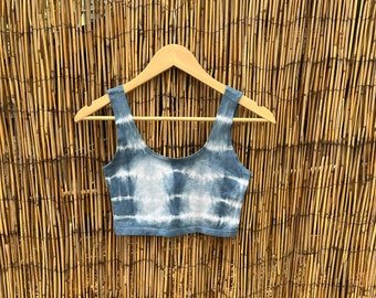 Sz. Medium Hand Dyed Shibori Natural Dye Indigo Crop Bra! size Medium