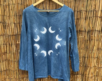 Sz. XL Hand Dyed Shibori Natural Dye Indigo Long sleeve Tunic Top! Tie Dye Shibori Mystic Moon Design!  size women's Extra Large