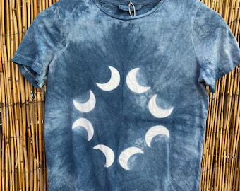 Sz. Small Hand Dyed Shibori Natural Dye Indigo T-Shirt, tie dye mystic moon design!  size Small organic cotton