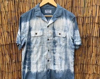 Sz. Medium Hand Dyed Shibori Natural Dye Indigo Linen Blend Shirt! Tie Dye Shibori Blue Vibrations Design!  size Medium