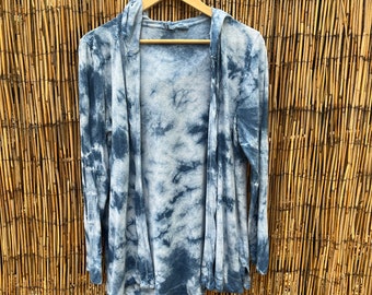 Sz. XL Hand Dyed Natural Dye Indigo Hooded Cardigan! Tie Dye Shibori Cosmic Clouds Design, size XL