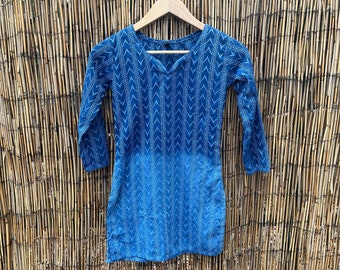 KIDS Sz Large, Hand Dyed Shibori Natural Dye Indigo Tunic Shirt! Tie Dye Double Dip Design!  size KIDS L