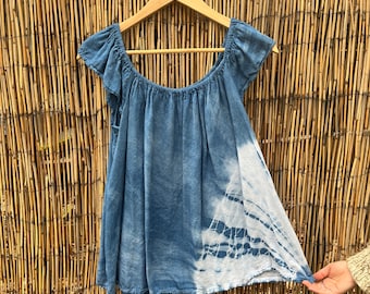 Sz. Large Hand Dyed Natural Dye Indigo Flowy Top!  Shibori Mystic Weaver Design, size Large
