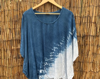 Sz. XL Hand Dyed Shibori Natural Dye Indigo Easy Breezy Poncho / Cover up/ Shirt! Tie Dye Shibori Ocean Waves! XL