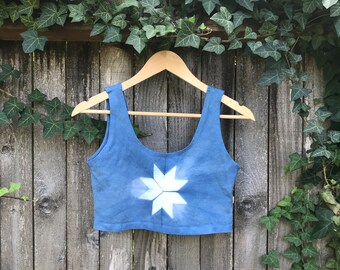 Gr. XL Handgefärbtes Shibori Natural Dye Indigo Crop Top / BH! Tie Dye Shibori Starlight Starbright Design! Größe Junior Extra Large