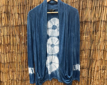Sz. L Hand Dyed Natural Dye Indigo Cardigan with pockets! Tie Dye Shibori Mystic Weaver Design, size L
