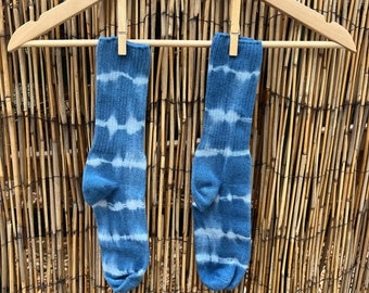 Hand Dyed Shibori Natural Dye Indigo Socks! Tie Dye Shibori Blue Vibrations Design!  size: unisex adult, one size!