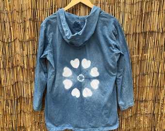 Sz. L Hand Dyed Natural Dye Indigo Hooded Tunic with pocket! Tie Dye Shibori Cosmic Love Design, size L