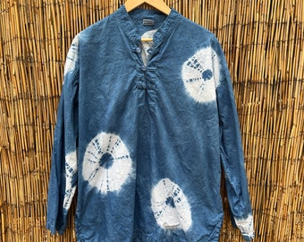 sz. XL Hand Dyed Shibori Natural Dye Indigo Longsleeve Asian Style Tunic Shirt! Tie Dye Shibori Mystic Weaver Design!  size Extra Large