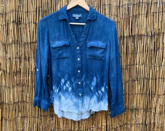 Sz. Medium Hand Dyed Shibori Natural Dye Indigo Tunic Shirt! Tie Dye Shibori Ocean Breeze Design!  size Medium