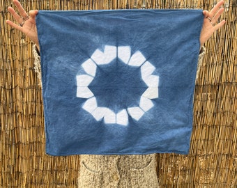 Hand Dyed Shibori Natural Dye Indigo Bandana / Hankie / Scarf! Tie Dye Shibori Star Flower Design!