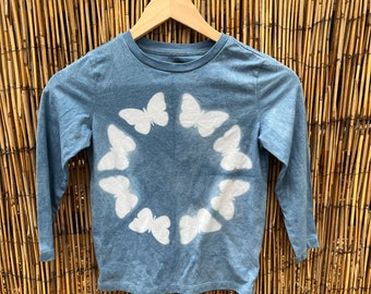 KIDS sz. Small Hand Dyed Shibori Natural Dye Indigo Long sleeve Shirt! Tie Dye Butterfly Design! Size Kids Small