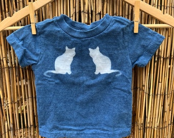 Baby Sz 18mo. Hand Dyed Shibori Natural Dye Indigo T-shirt! Shibori Cosmic Kitties design! size toddler 18 mo.