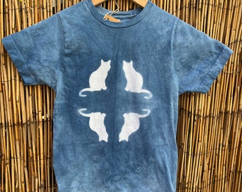 KIDS sz. Small Hand Dyed Shibori Natural Dye Indigo T-Shirt! Tie Dye Shibori Cosmic Kitty Design!  size KIDS Small, for the cat lovers!