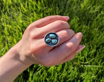 Size 5.5 Handmade Multi-Stone Turquoise Ring | Sterling Silver Turquoise Jewelry | Blue Moon and Hubei Turquoise | Cocktail Ring | Unique