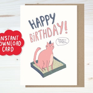 Instant Download cute Happy Birthday pun cat printable card, Cute Litter cat print at home card, Poop cat anniversary card