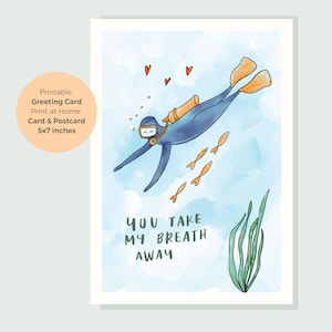 Instant Download Ik hou van je-kaart, duiken cadeaukaart, afdrukbare kaart oceaanliefhebbers, thuis afdrukken wenskaart scubaduikers, zeeliefhebbers