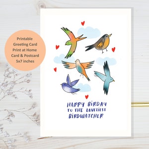 Carte d'anniversaire d'observateur d'oiseaux à téléchargement immédiat, carte d'oiseaux de joyeux anniversaire, carte d'observation d'oiseaux, cadeau d'anniversaire pour amoureux des oiseaux