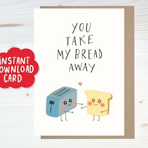 Carte de pain grillé à téléchargement immédiat, carte de pain et grille-pain kawaii mignons, jeux de mots sur la nourriture, carte de couple mignon, carte de jeu de mots amoureux, carte de petit ami mignon