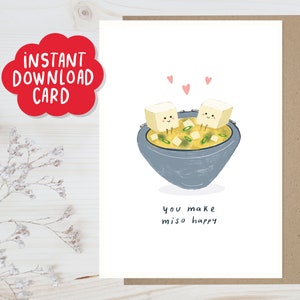 Sofortiger Download Geschenkkarte Miso-Suppe, Soja-Paar Liebe Grußkarte, I love Miso-Suppe Karte, I love you Soy viel Karte, Miso-Suppe Illustration