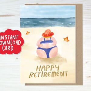 Scarica subito il divertente biglietto di auguri per la pensione, Biglietto di auguri per la pensione carino, Congratulazioni per la tua carta di pensionamento, Biglietto di auguri per la pensione in spiaggia