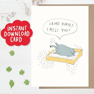 Tarjeta imprimible de "Te extraño" con un gato divertido, tarjeta de gato desordenado, tarjeta con juegos de palabras de "Te extraño", tarjeta de "Vuelve a casa" con un gato, tarjeta para amantes de los gatos, tarjeta imprimible con un gato lindo