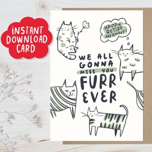 Cartão de aposentadoria para escritório com download instantâneo, Cartão de aposentadoria com gatos engraçados, Cartão de aposentadoria com saudades, Cartão de aposentadoria com gatos adoráveis para ela