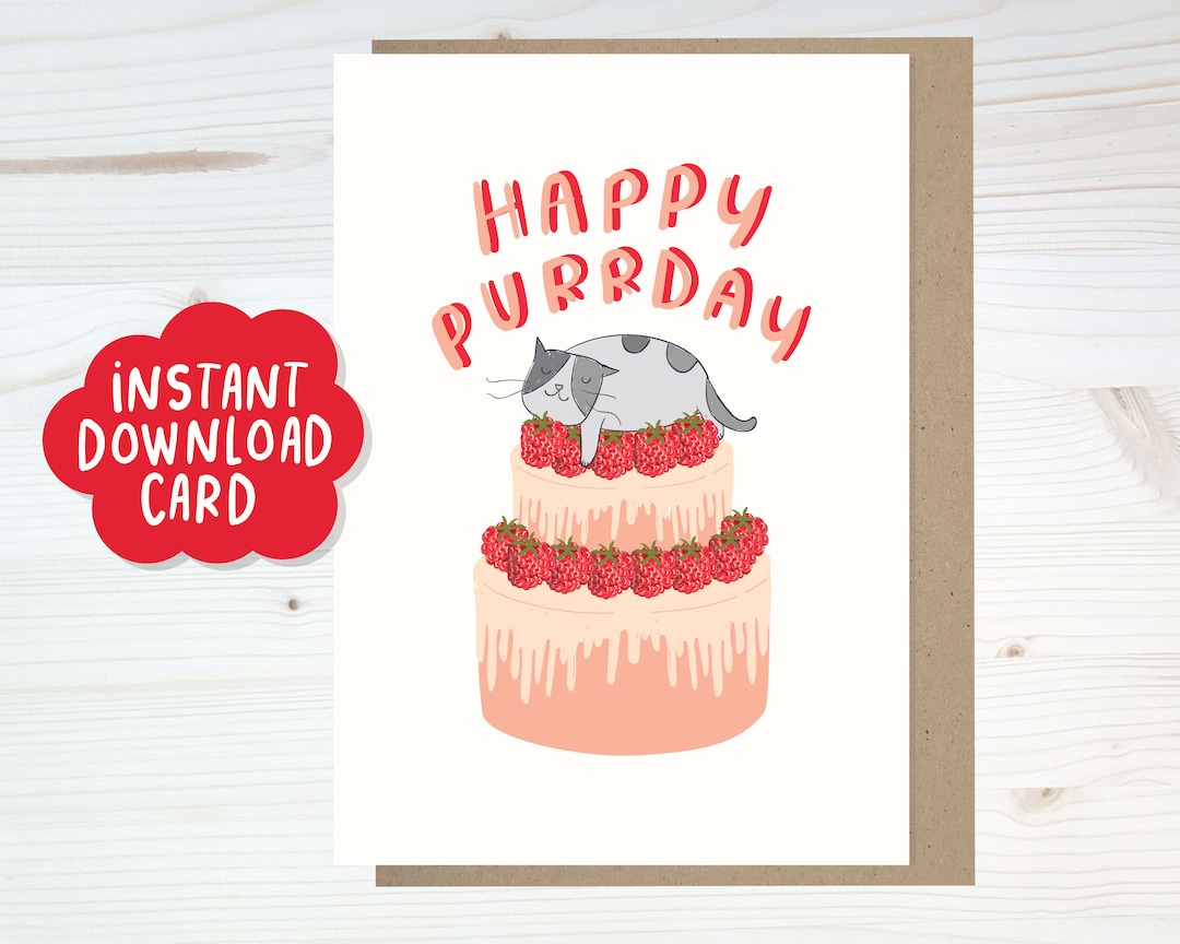 Instant Download Cute Cat Birthday Card, Happy Birthday Cat Card ...