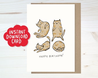 Tarjeta de feliz cumpleaños imprimible, linda tarjeta de cumpleaños, divertida y linda tarjeta de descarga instantánea, carrito de cumpleaños para mejor amigo, adorable tarjeta de gato