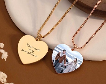Personalised Photo Heart Necklace, Engraved Text Pendant, Family&Couple Necklace, Custom Picture Necklace, Gift for Her