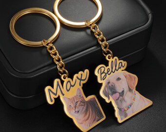 Custom Your Pet Photograph Keychain, Personalized Dog Portrait with Name Keyring, Pet Memorial Gift, Cat Key Chain, Pet Keychain, Dog Tag