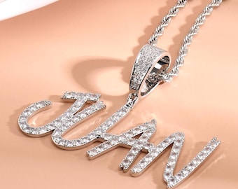 Custom Cubic Zircon Diamond Brush Letters Pendant Necklace,Iced Out Nameplate Necklace,Personalised Hip-hop Chain,Men's Jewelry Gifts