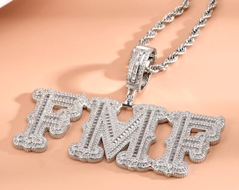 Custom Iced Out Baguettes Letters Pendant with Rope Chain,Bling Nameplate Necklace,Hip Hop Chain,Personalized Jewelry,Birthday Gifts