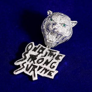 Iced Out Tiger Pendant Necklace | Hip Hop CZ Diamond Pendant | &quot;Only the Strong Survive&quot; Quoted Says Pendant | Hip Hop Chain | Men&#39;s Jewelry