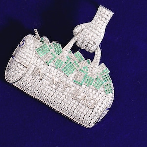 Collana con ciondolo a forma di sacchetto per soldi da uomo ghiacciato / Ciondolo a forma di sacchetto per soldi 3D micro pavé / Ciondolo a forma di sacchetto per soldi con diamanti in zirconia / Ciondolo a forma di sacchetto per soldi da rapper