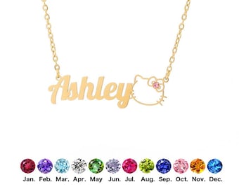Cute Cat Nameplate Necklace with Your Birthstone, Custom Nameplate Chain, Birthstone Kitty Necklace, Personalized Gift for Her