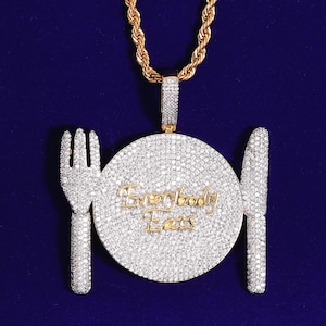 Fantasy Design "Fork,Knife & Plate" Pendant Necklace / Micro Pave Bling Hip Hop Pendant / Zirconia Diamond Jewelry / "Everybody Eats" Gifts