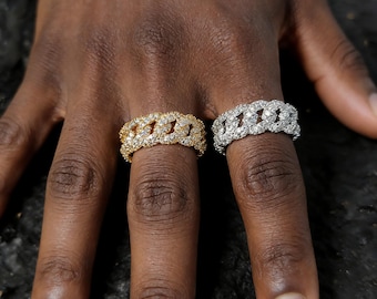 Iced Out CZ Diamond Cuban Chain Style Rings, Unisex Hip Hop Jewelry, Micro Paved Zircon Stones Bling Rings, Rapper Streetwear Gifts