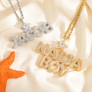 Custom Star Name Plate Necklace, Micro Paved Zirconia Diamond Bubble Letters Pendant Necklace,Personalised Jewelry Gift for Her&Him