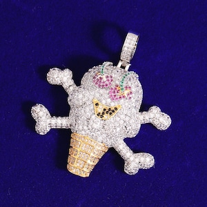 Micro Paved Funny Skull Ice Cream Pendant Necklace / Bling Iced Out 3D Charm Chain / Zirconia Diamond Jewelry for Him / Birthday Gift idea