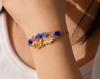 Custom Nameplate with Natural Stone Star Beads Chain Bracelet, Hot Popular Bracelet for Girl, Monogram Jewelry for Her, Personalized Gift