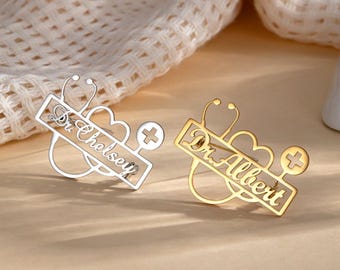 Custom Stethoscope Name Brooch, Personalised Doctor Nurse Pin, Heart Stainless Steel Badge for Medical Student, Nurse Gifts