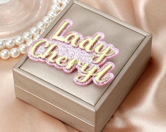 Lady Brooch Pin with Custom Name, Golden Sorority Nameplate on Glitter Pink Background, Chapter Meeting Name Tag, Gift for Women
